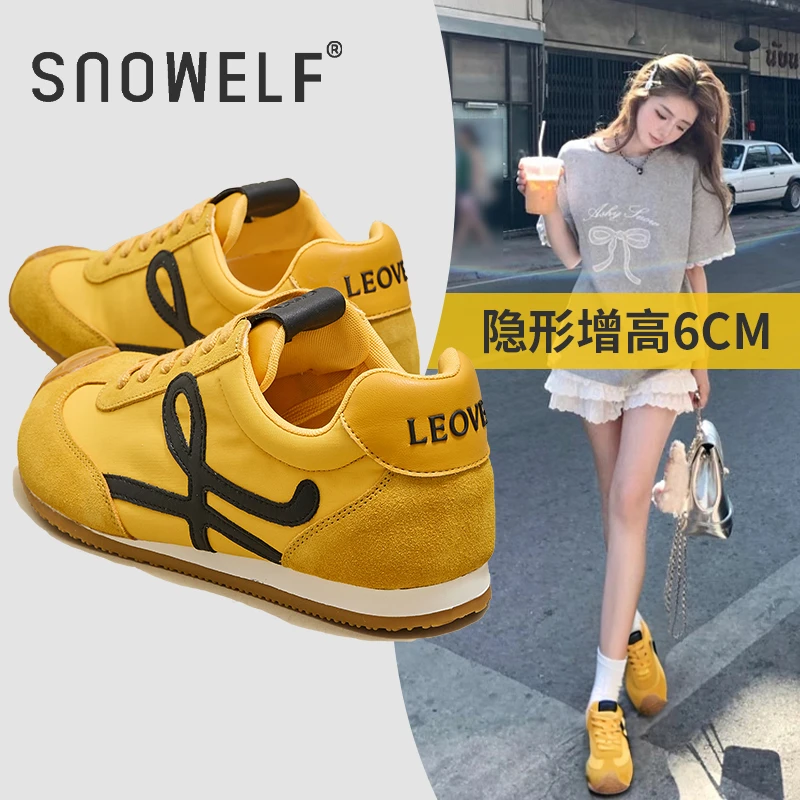 黄色厚底女鞋2025新款松糕透气百搭休闲板鞋软底小个子增高德训鞋