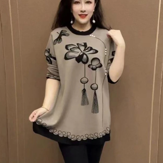 中年妈妈春秋冰丝针织衫上衣时尚大码荷花打底衫冬季宽松遮肚小衫