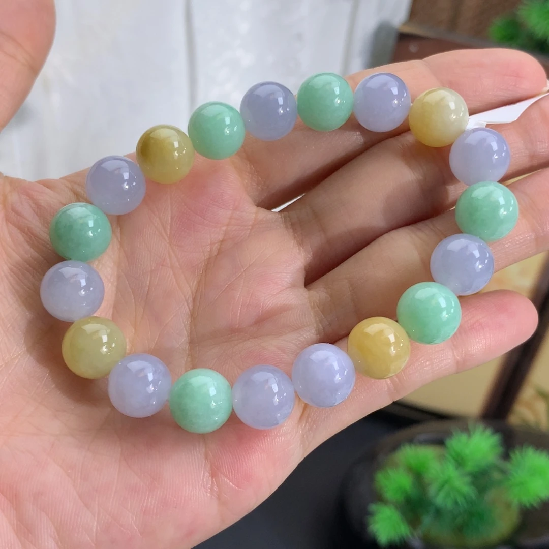 翡翠未镶嵌手串卡9.9细润紫绿黄手串