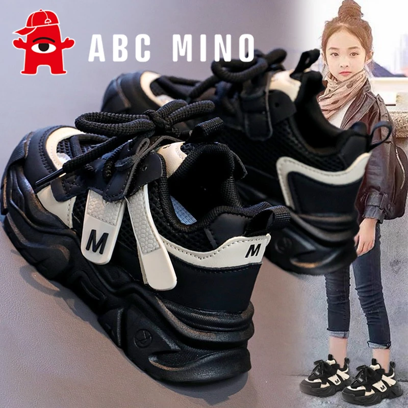 ABC MINO女童鞋子2025秋季新款儿童黑色运动鞋女孩大童轻便老爹鞋