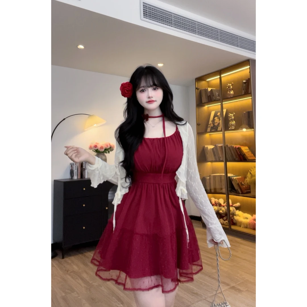 【花漾甜心】7686微胖mm纯欲风吊带连衣裙辣妹显瘦蓬蓬裙+开衫套装