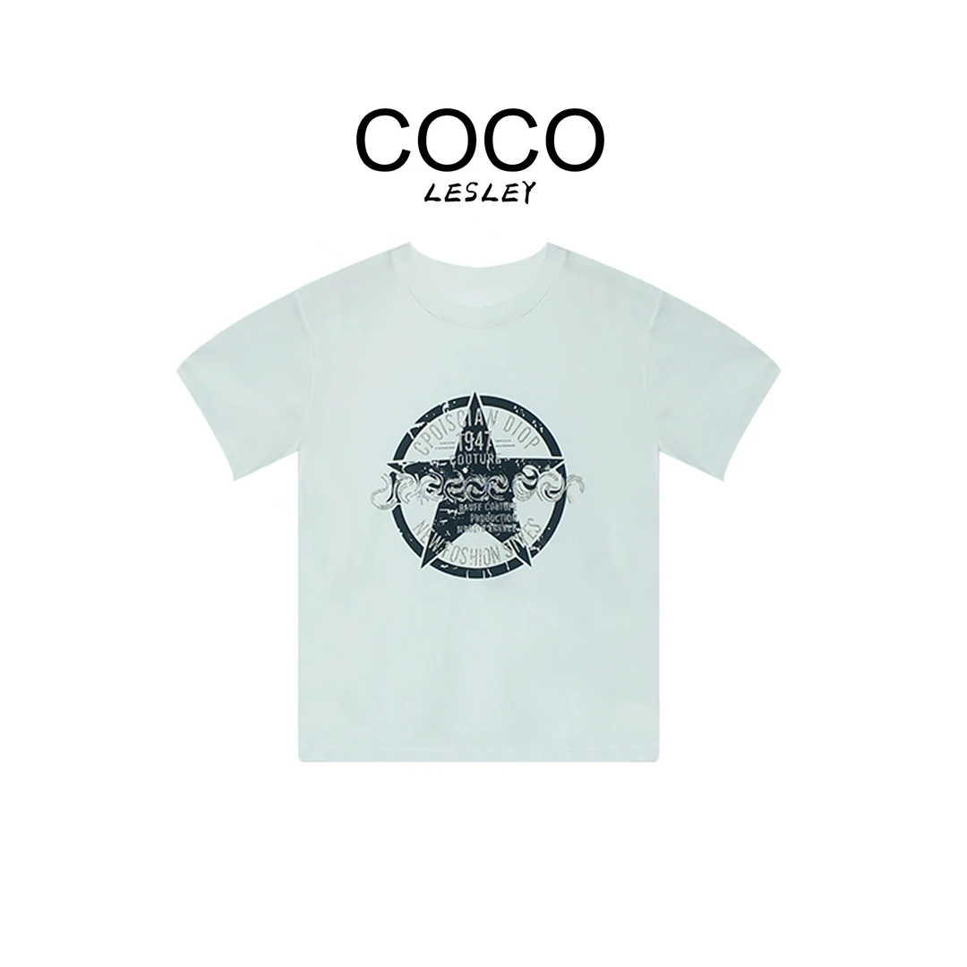 COCO LESELY夏季女时尚百搭设计师印花秀珠圆领天丝T恤短袖8182-1