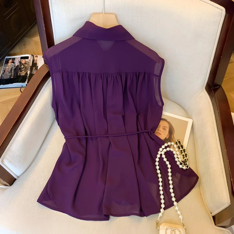 老钱无袖紫色韩版显瘦polo领2025夏季新品法式绑带雪纺气质衬衫女