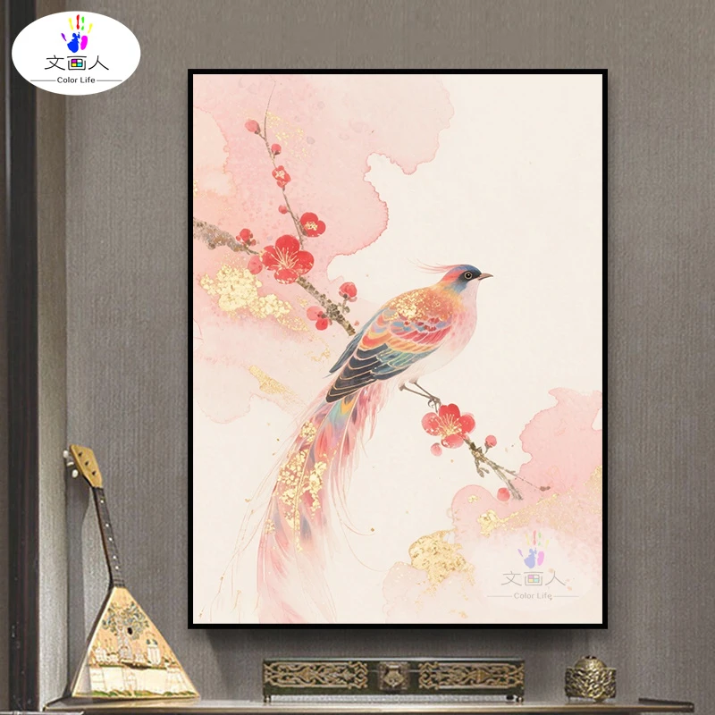 文画人金箔喜雀diy数字油画手工填充涂色中式玄关沙发背墙装饰画