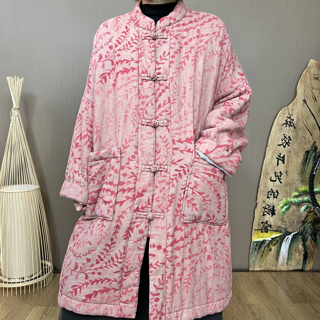 3013女慵懒风中长款提花印花双层复古棉衣