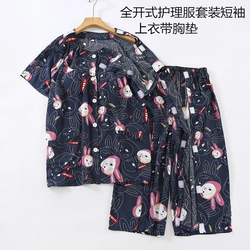 全开式病号服女短袖有胸垫病人服手受伤衬衫魔术贴骨折裤伤员睡裤