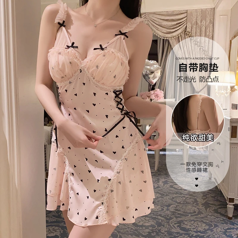 火辣深V加胸垫睡衣甜美透视蕾丝性感大码睡裙家居服套装纯欲风