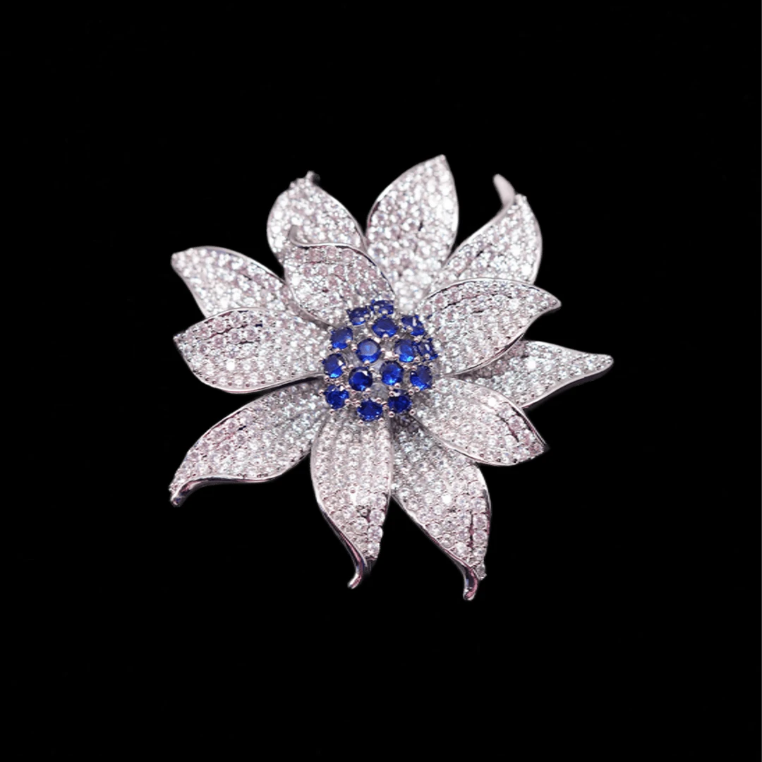 铜合金合成锆石胸针 时尚气质百搭密镶银蓝色花朵胸针5355