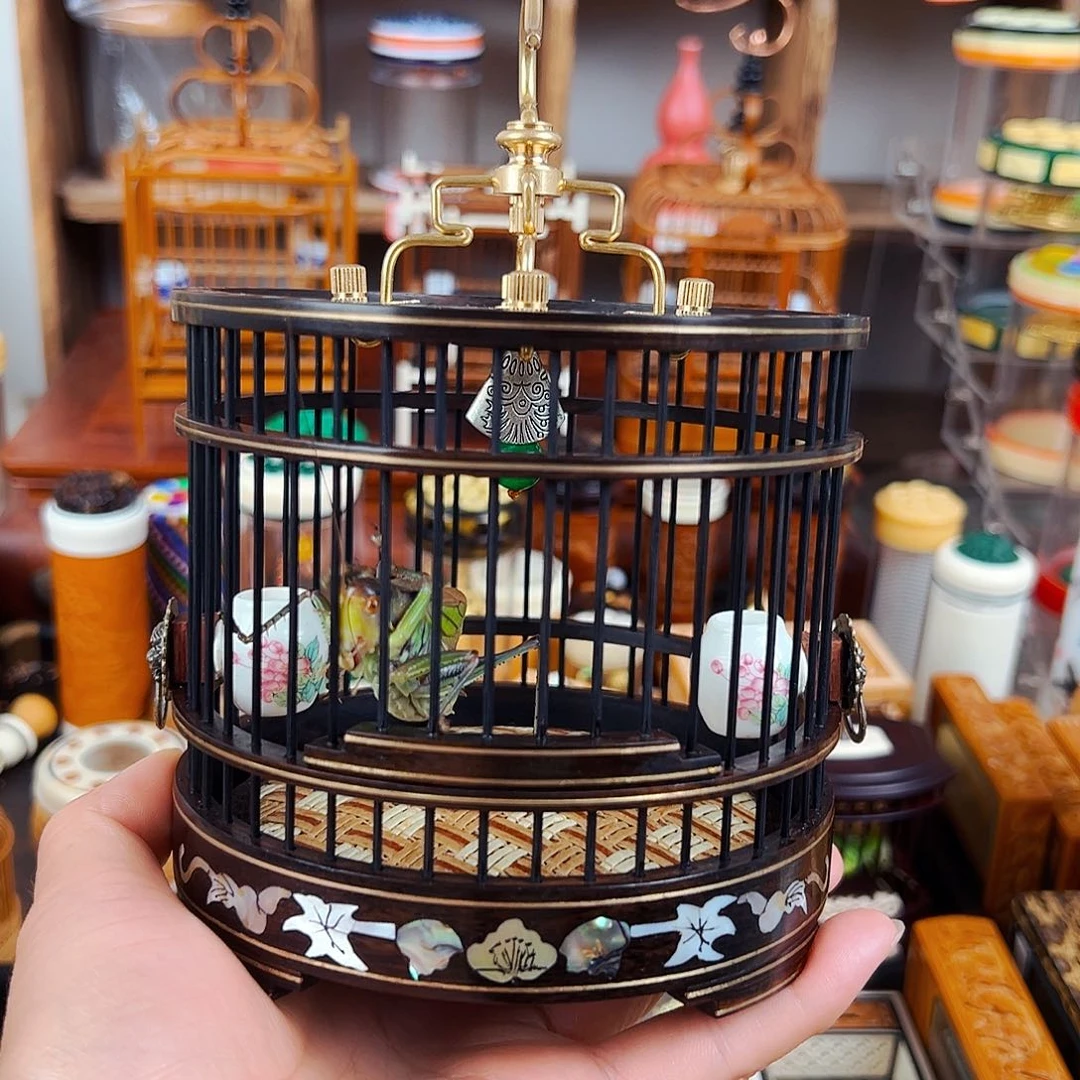 木福利款紫光檀贝壳大圆笼➕瓷罐➕绿蝈蝈