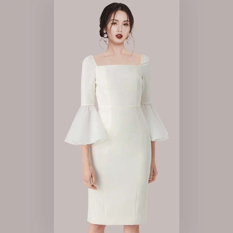 白色气质修身欧根纱拼接喇叭袖礼服优雅伴娘服旅行轻奢婚纱