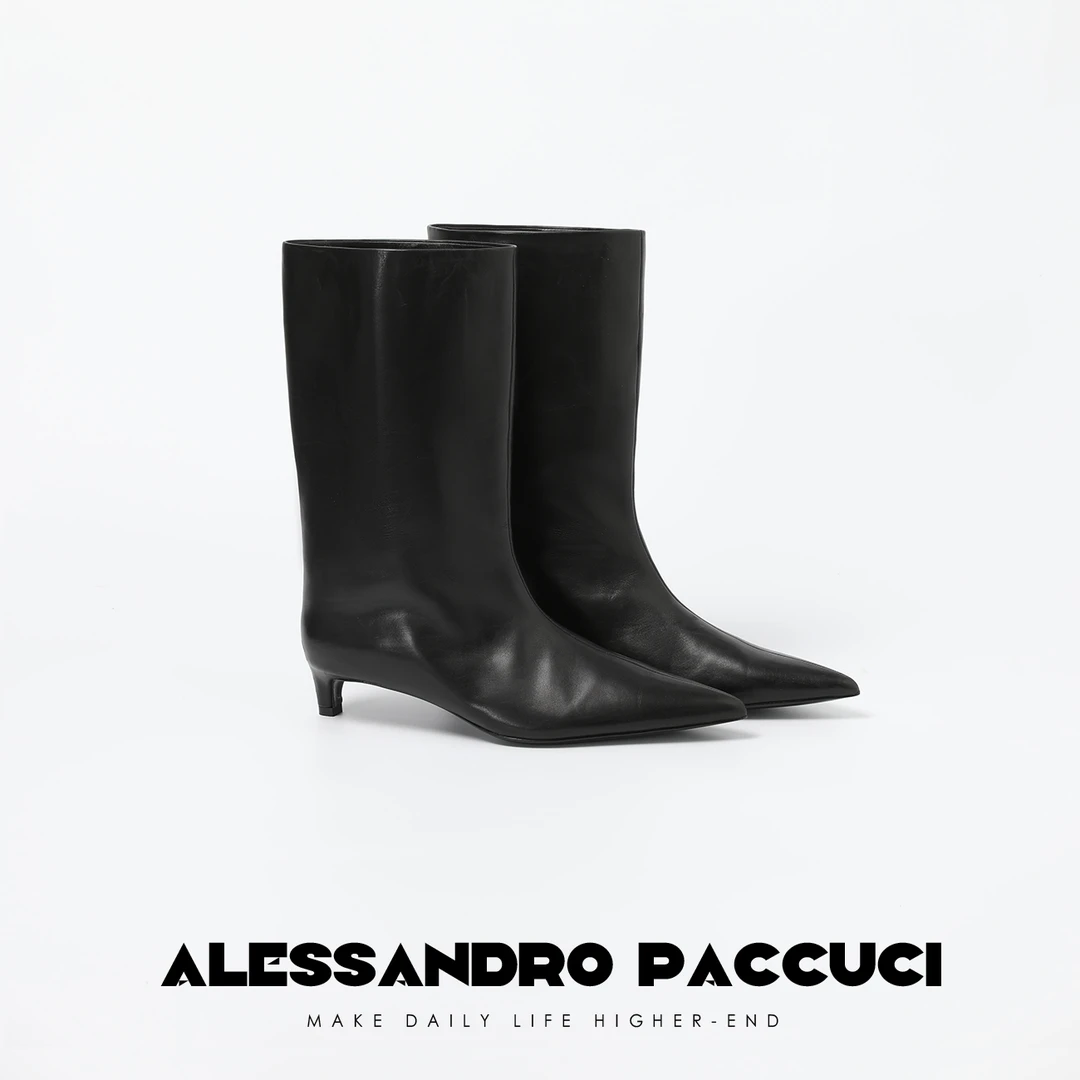 AP洛哥54155XH【都市】胎牛皮+羊皮 尖头小猫跟极简直筒靴高帮鞋