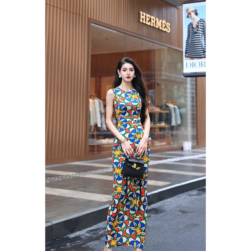 尤克菲儿 原创设计冰丝印花无袖长裙温柔气质优雅高腰开叉连衣裙