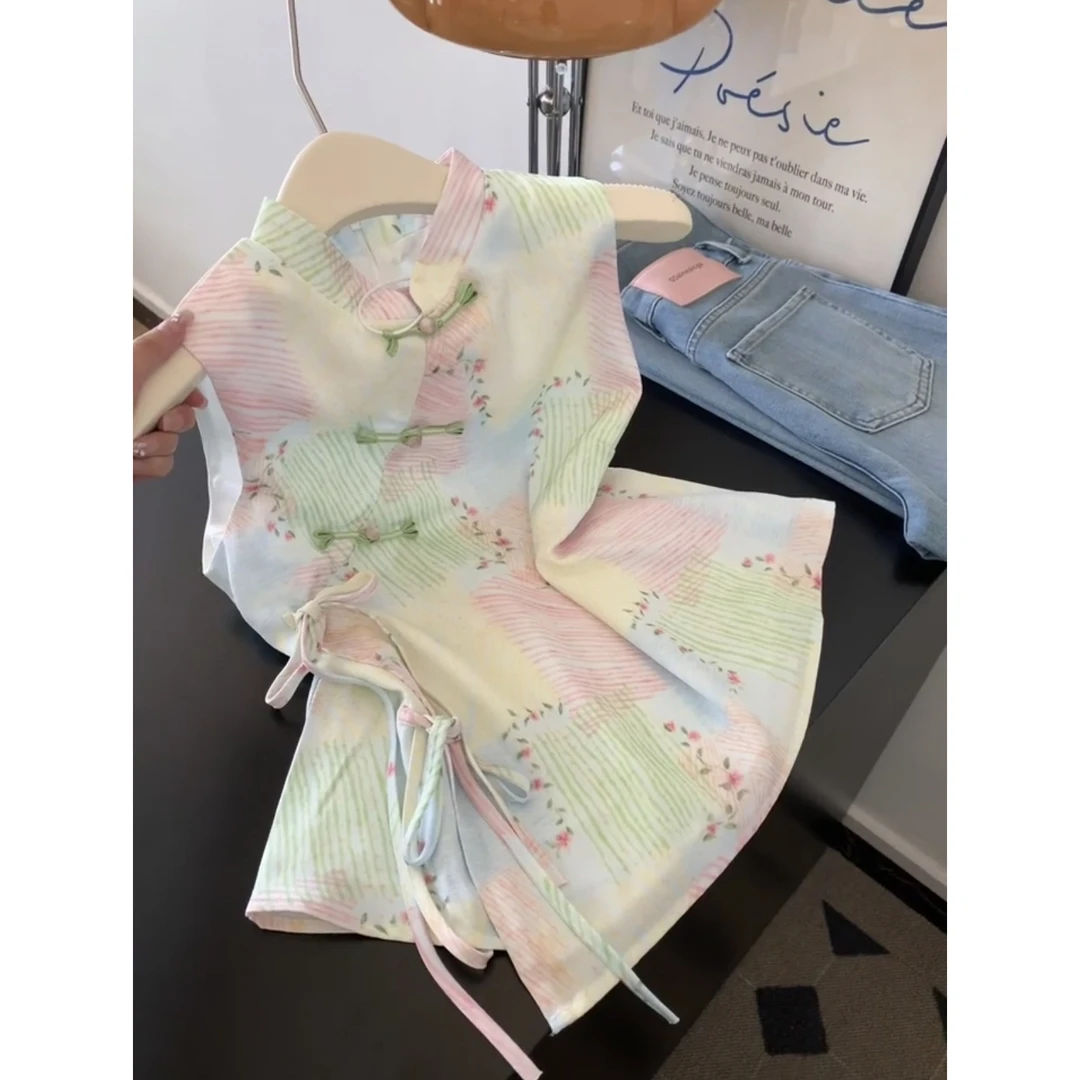 2025气质新中式国风盘口碎花衬衫女夏季独特绑带新款无袖上衣