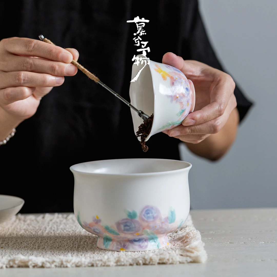慕兮手绘花影陶瓷建水高颜值茶洗家用新中式茶渣缸茶道精致洗茶杯