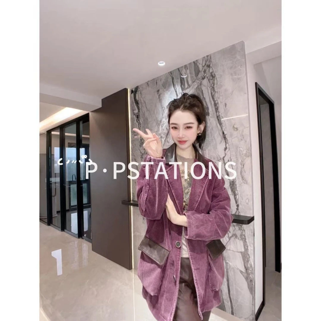 PP 2025｜糖果缤纷 琥珀流光风条纹烫绒西服领琥珀棕皮衣58736