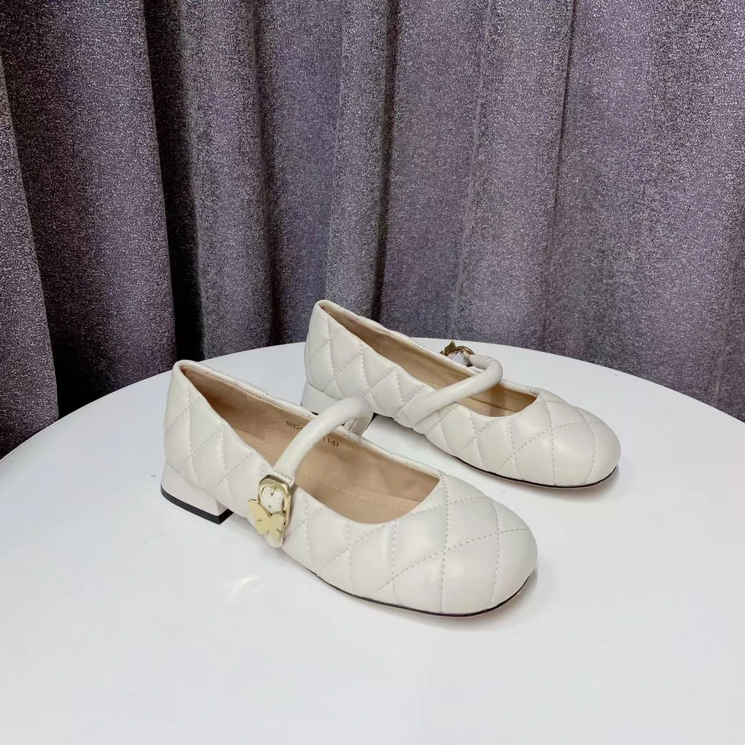 C6290 白色 高端圆头舒适粗跟2025新款真皮玛丽珍浅口女单鞋