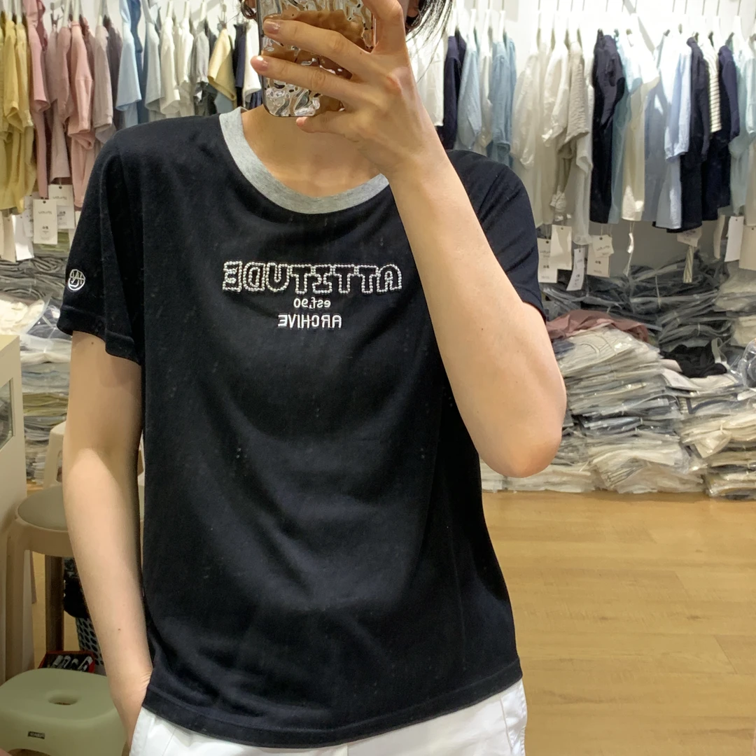 纯色排汗圆领刺绣短袖T恤夏季百搭款