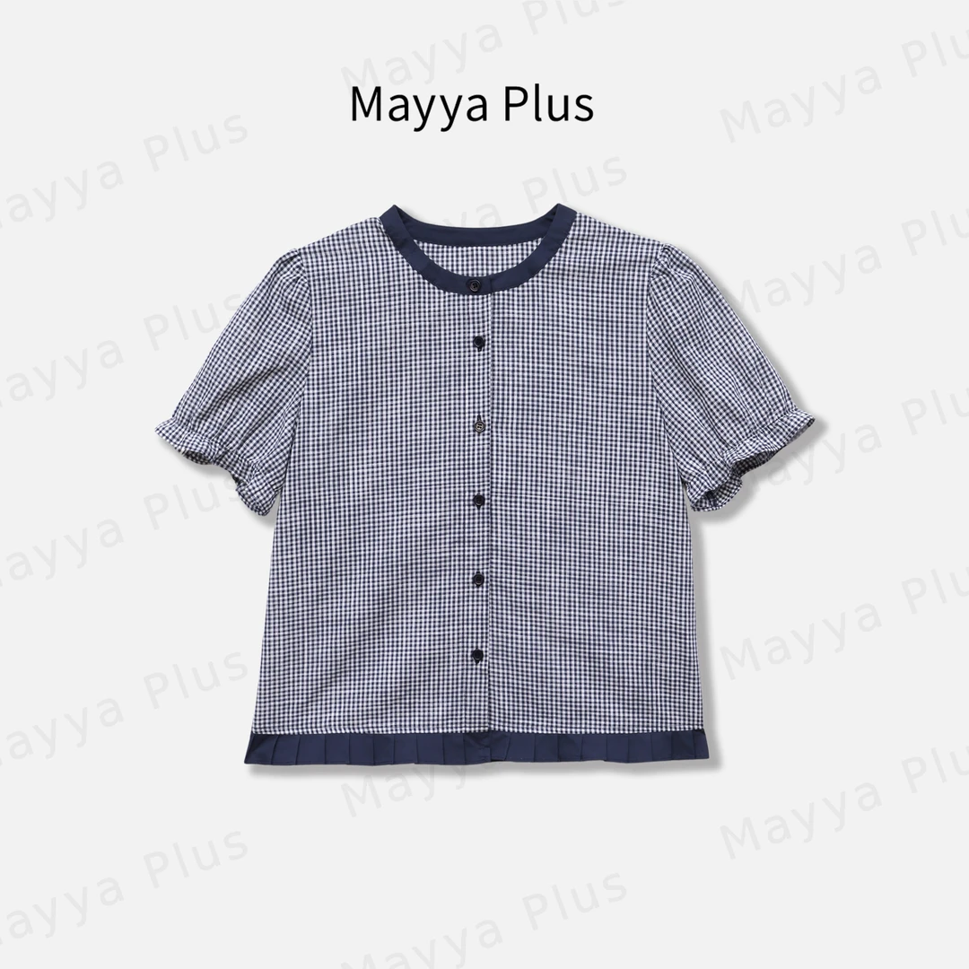 【小格调】Mayya Plus麦芽定制法式泡泡袖格子衬衫百搭短袖32528085