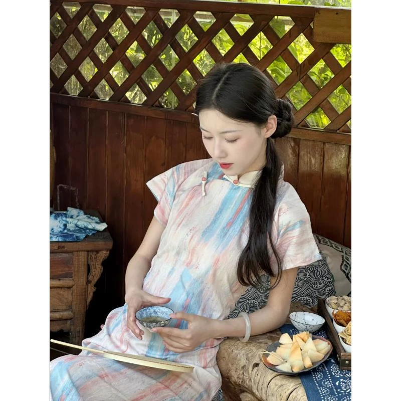 【清吟】古法旗袍新中式年轻款国风少女夏季新款全开襟复古连衣裙