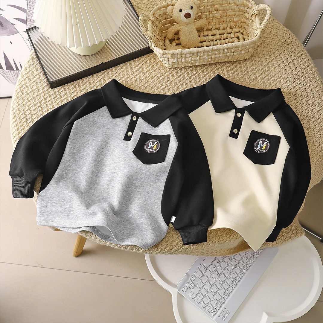 儿童百搭卫衣2025春秋新款POLO衫中大童男孩撞色学院风休闲上衣