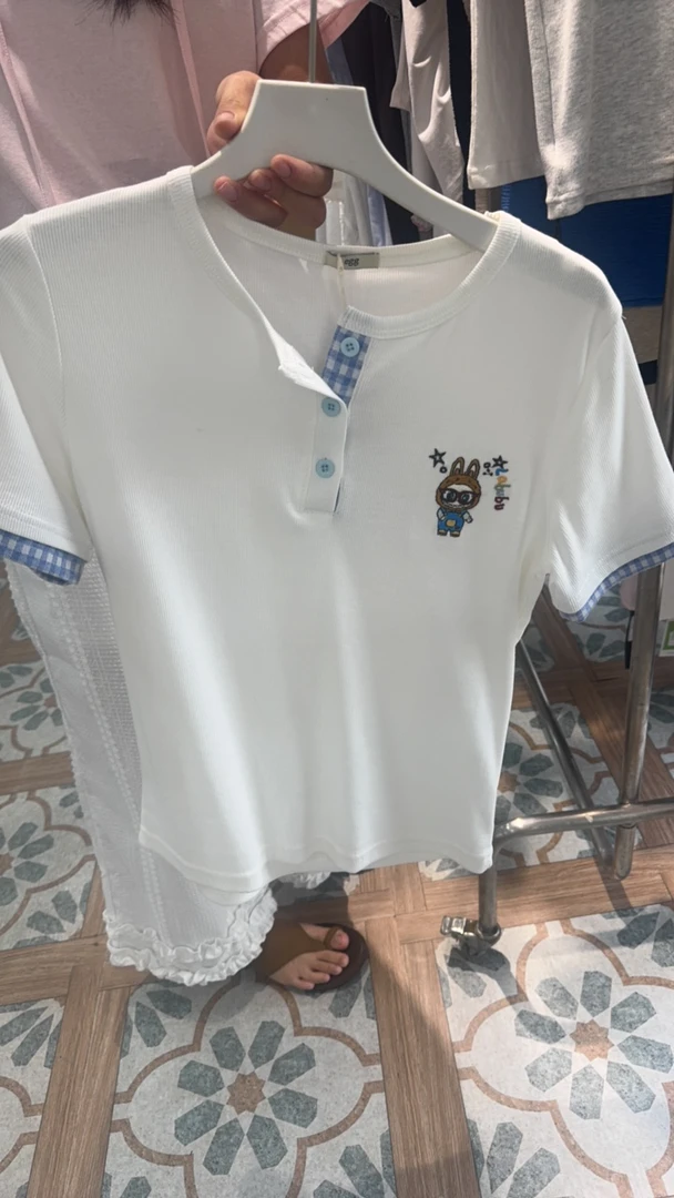 女夏装短袖夏季拼接常规纽扣T恤蓝色针织多巴胺穿搭