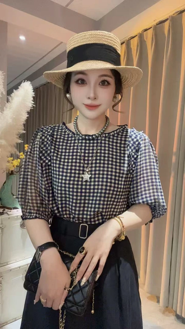 HUIHUI 花边圆领泡泡袖格子衬衫