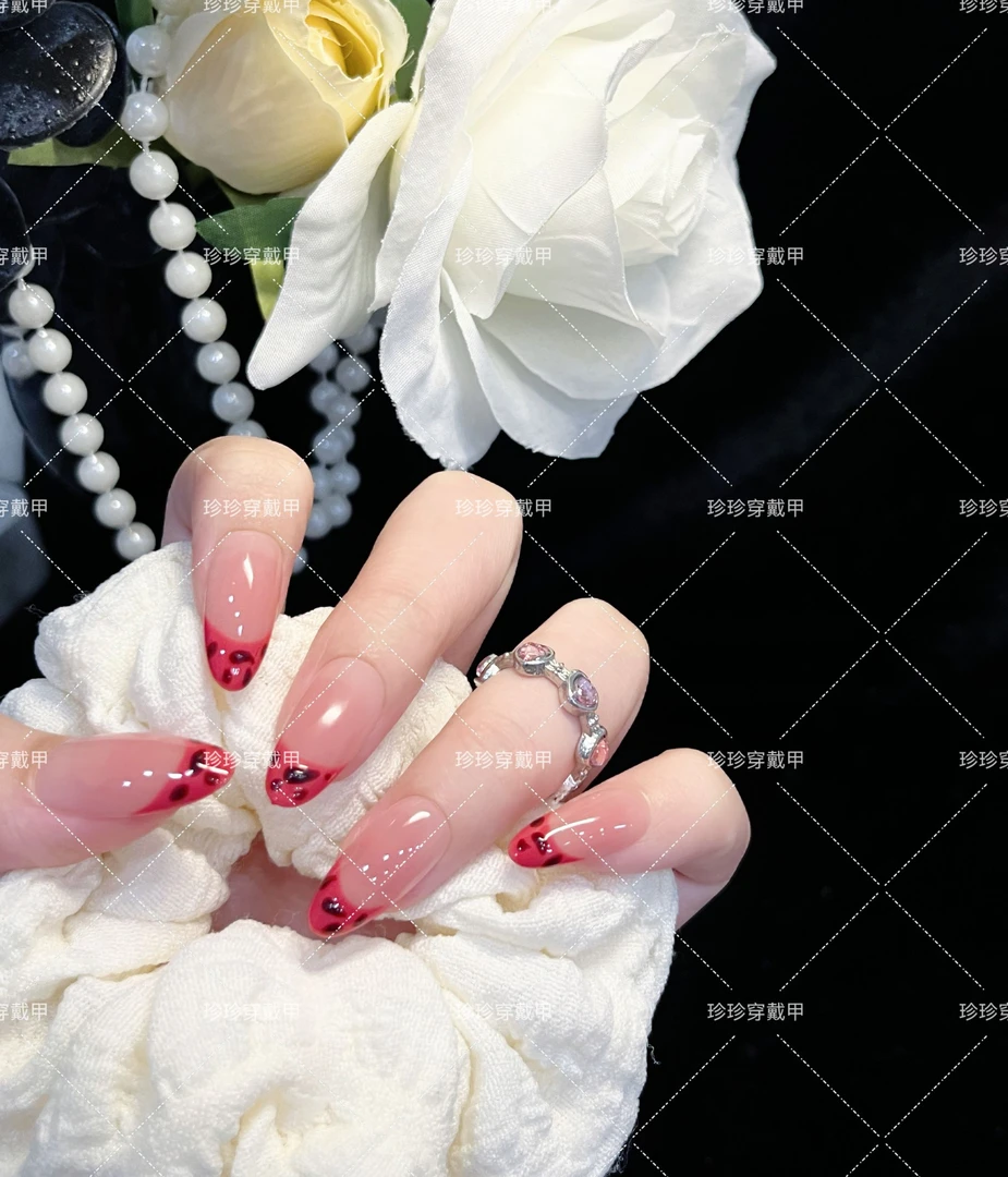 【桃气豹】珍珍手工穿戴甲甜酷辣妹风玫红法式豹纹可拆卸美甲贴片