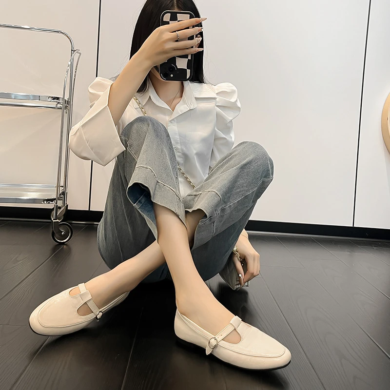 羊皮版~白色复古真皮低跟平底小皮鞋女英伦百搭一脚蹬懒人乐福鞋