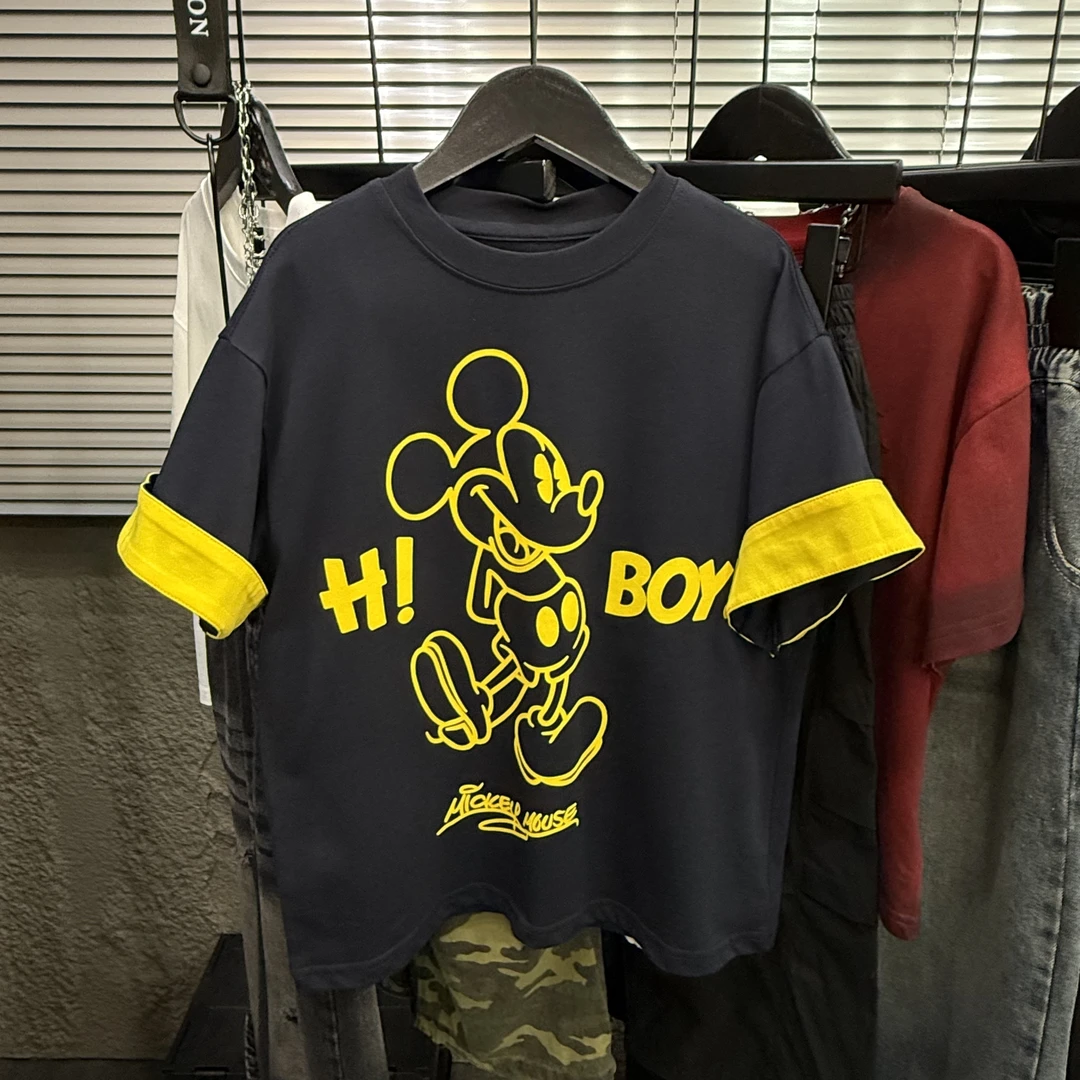 【元素kids】韩国儿童卡通短袖T蓝黑色短袖纯棉休闲T夏季潮流拼色