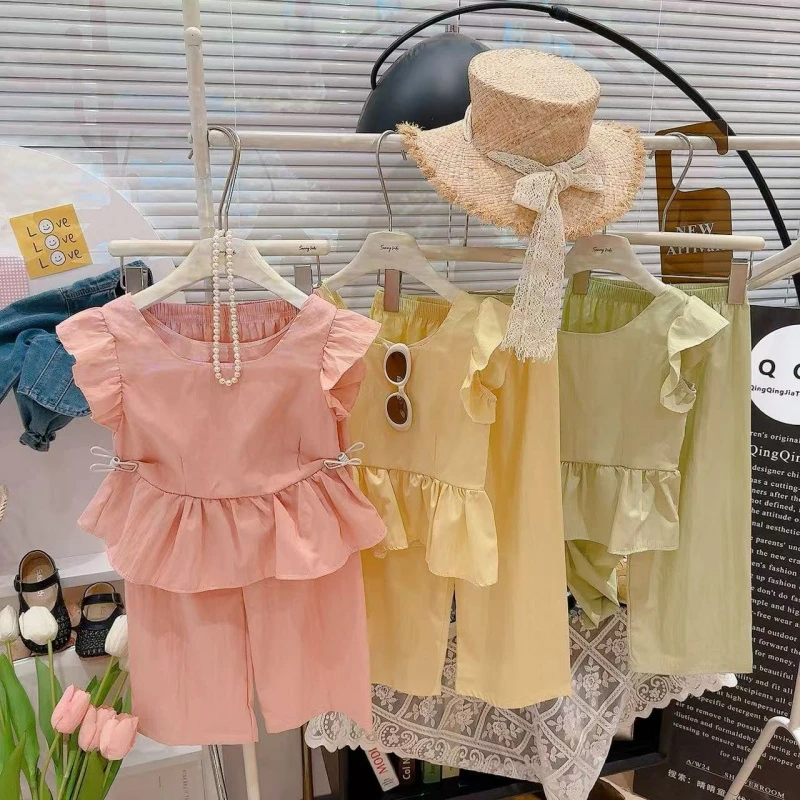 儿童夏季套装女宝夏季森系衣女童荷叶边纯色夏款花边公主长裤套装