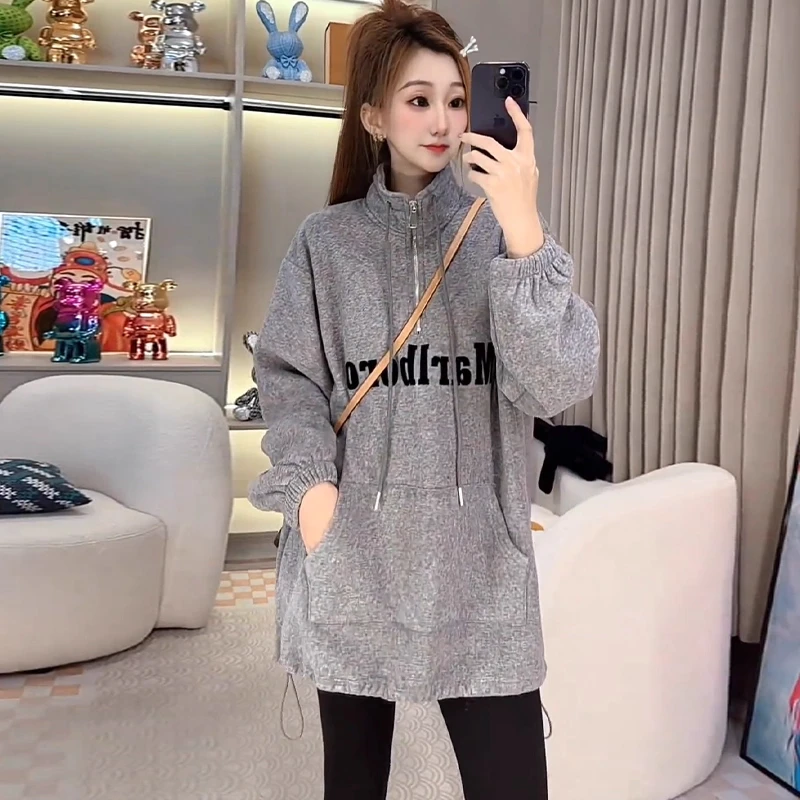 时尚设计感字母印花中长款卫衣女2025秋冬新款显瘦半拉链高领上衣