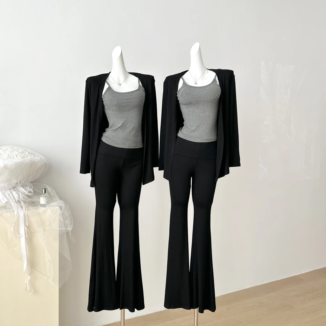 实拍 新款慵懒宽松大版开衫+胸垫背心+高腰显瘦喇叭裤三件套女