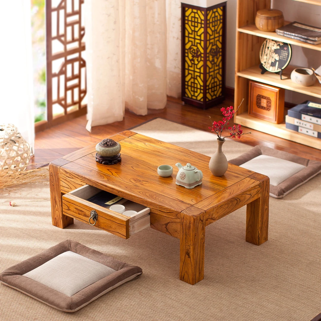 老榆木炕桌带抽屉可储物长方形飘窗桌榻榻米茶几矮桌地台阳台家用