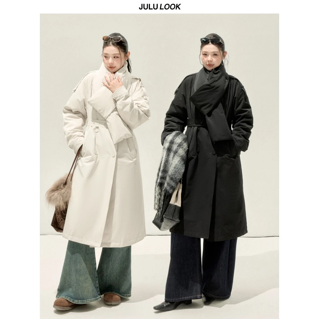 巨鹿工作室“白桦林”微胖mm可拆围巾90白鸭绒风衣羽绒服大码外套