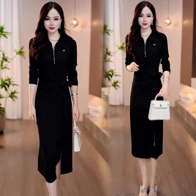 时尚连衣裙女2025秋季新款洋气显瘦半拉链中长款休闲减龄A字裙子