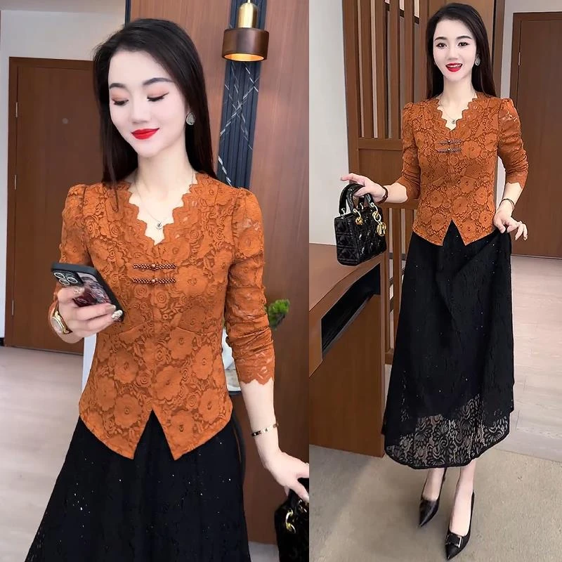洋气减龄蕾丝t恤衫女2025春季新款气质v领修身蕾蕾丝V领长袖上衣