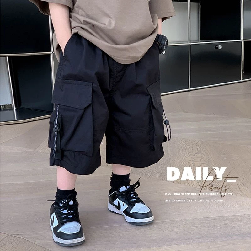 男童童装25儿童五分裤冰爽棉男孩中裤日系工装风宝宝黑色短裤男童