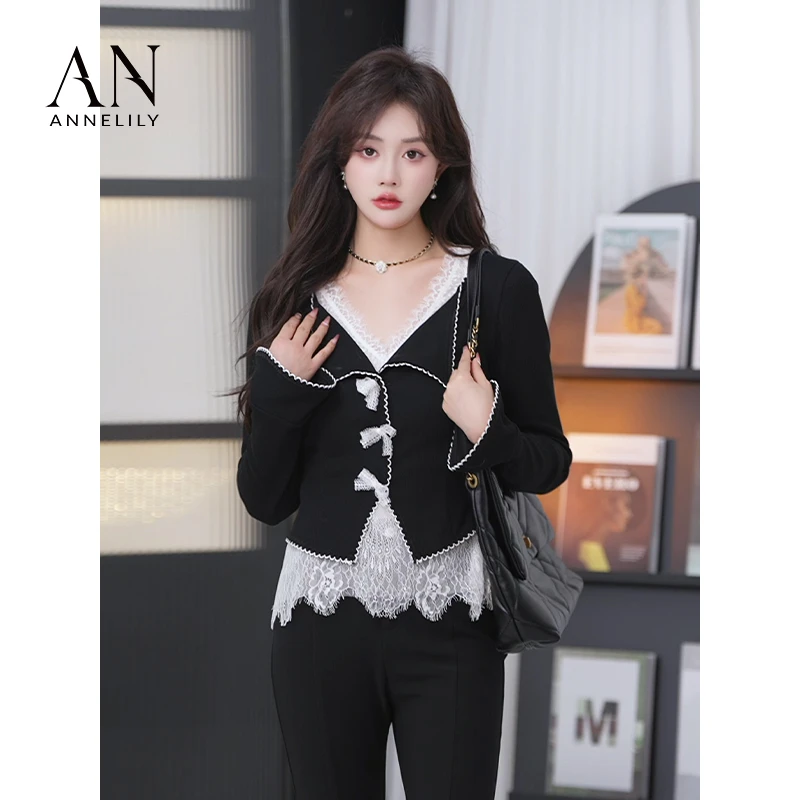 ANNELILY【小慕】新款设计感精致百搭重工针织开衫真两件AC2409043