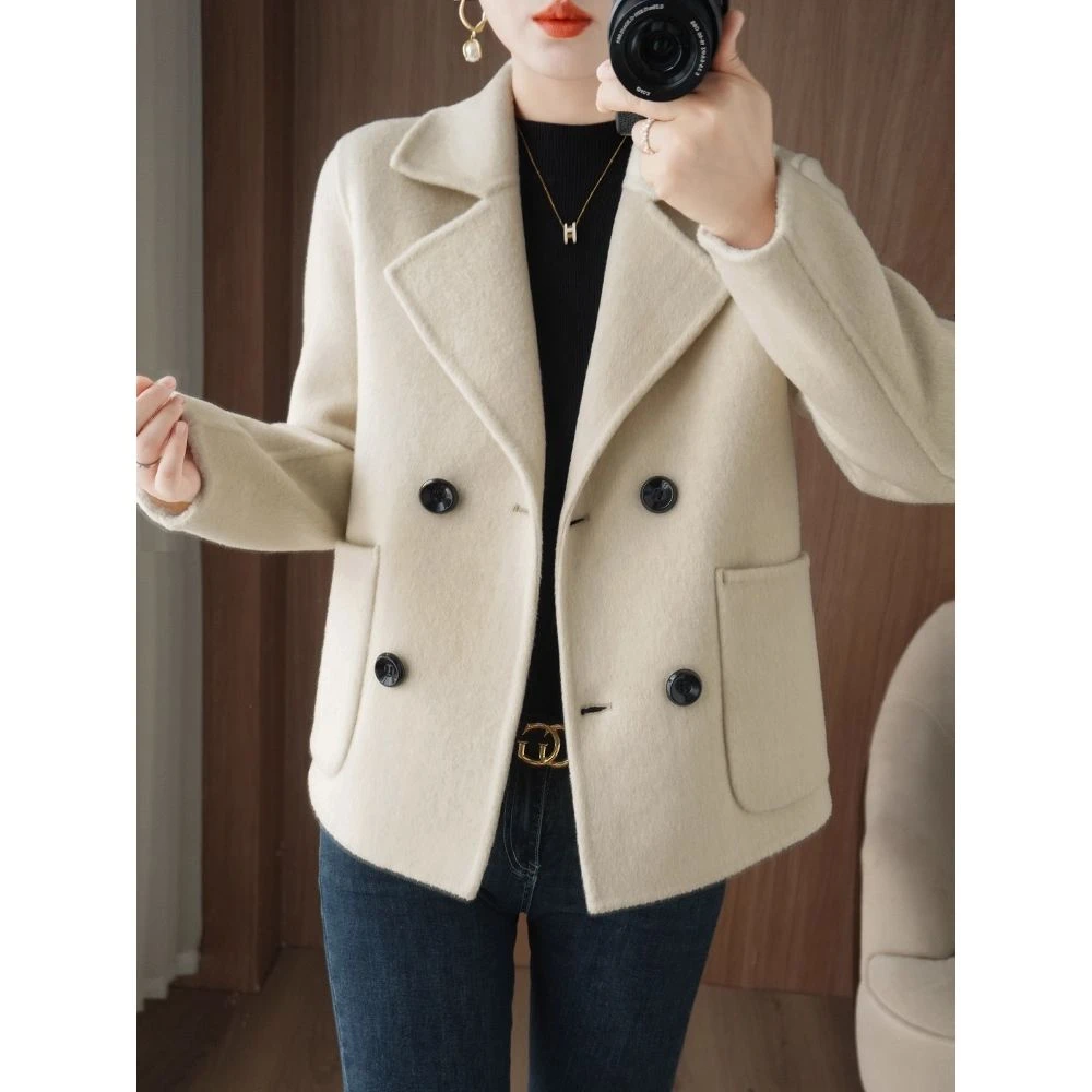 高级感双面羊绒大衣女短款西装领2025新款小个子气质羊毛呢子外套