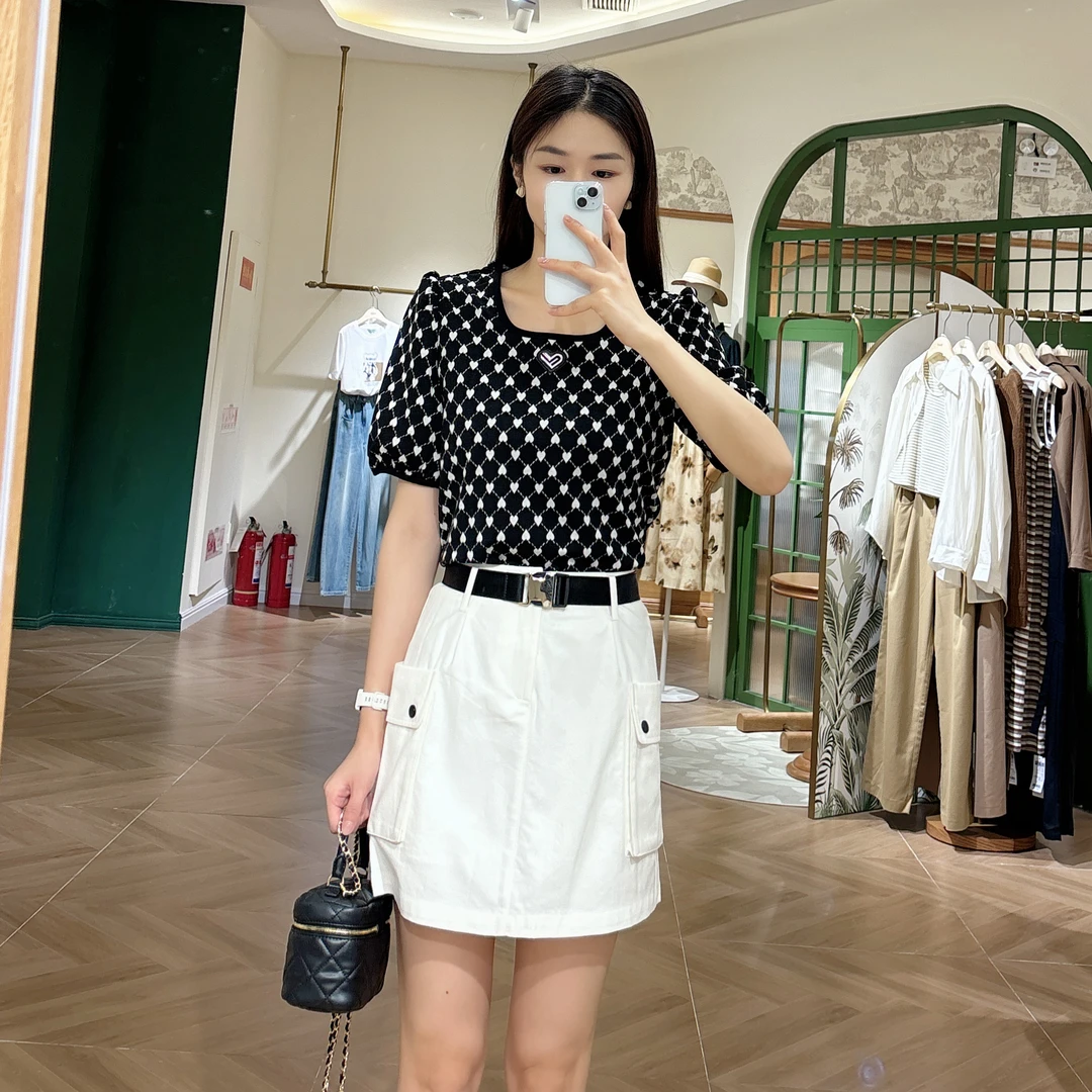 朵以2024秋季针织衫波点白色上衣38DQ347003原159泡泡袖