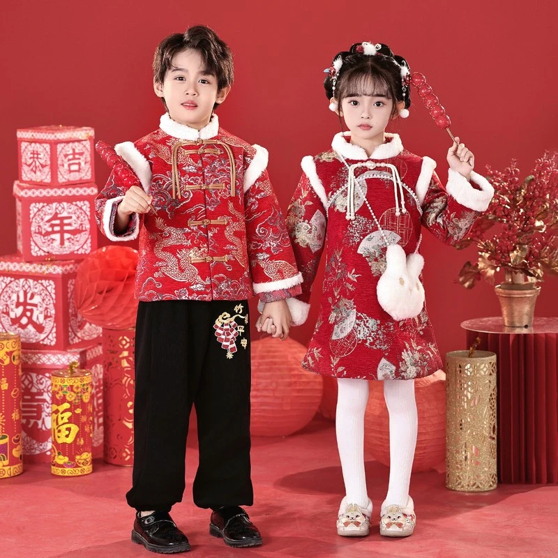 巴拉开门红新年女童拜年服元旦儿童喜庆演出服幼儿园舞蹈表演服装