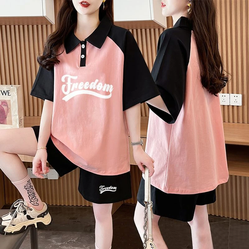 胖mm宽松纯棉Polo领运动服套装女夏季新款韩版拼色短袖短裤两件套