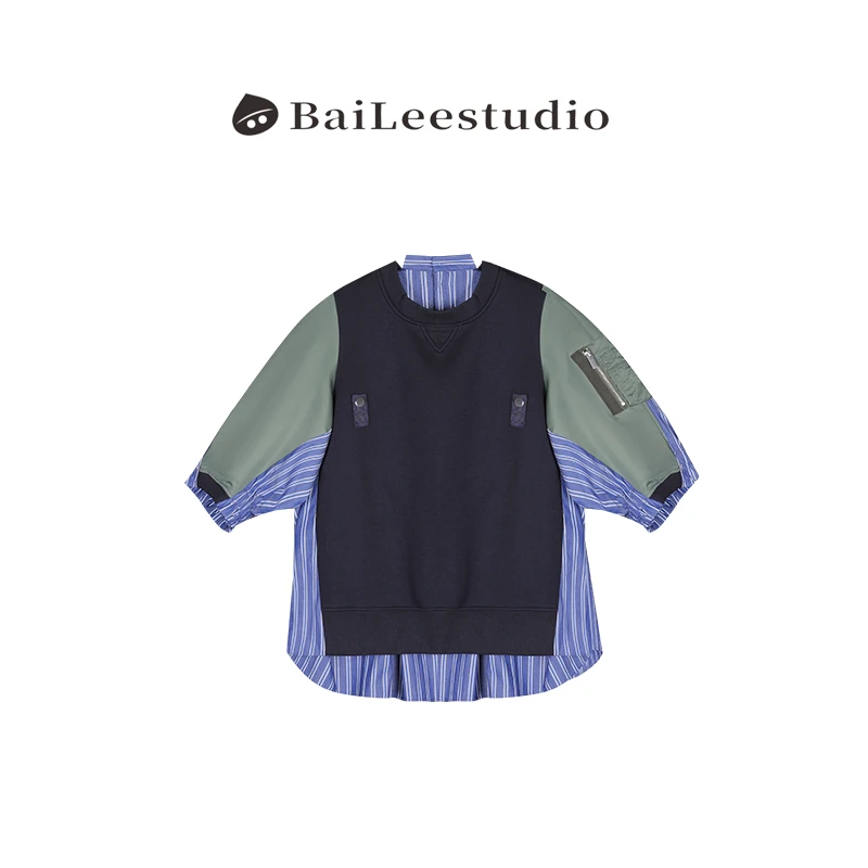 【柏栗良品】2025春夏新品~设计感重工五分袖拼接卫衣42019