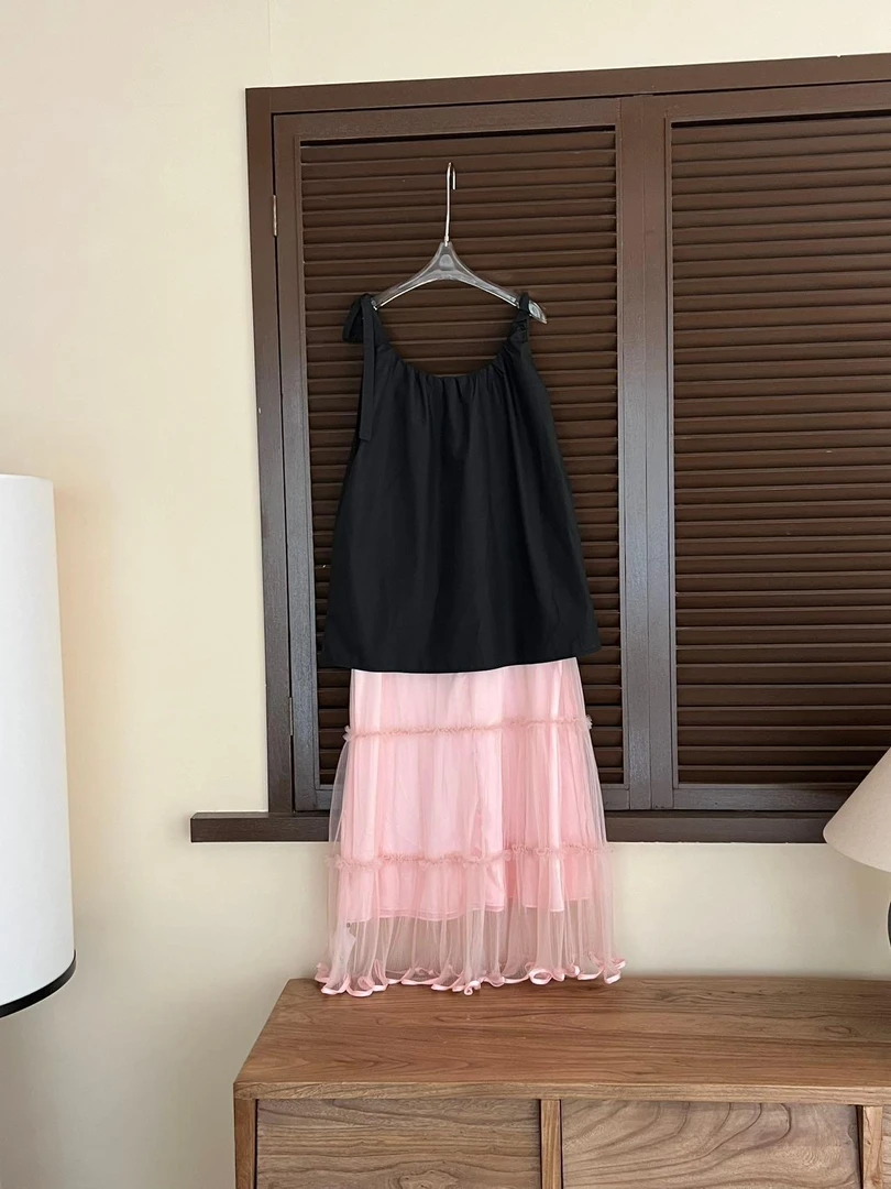 【樱花物语】27188 黑粉色减龄绝美小清新假两件吊带连衣裙