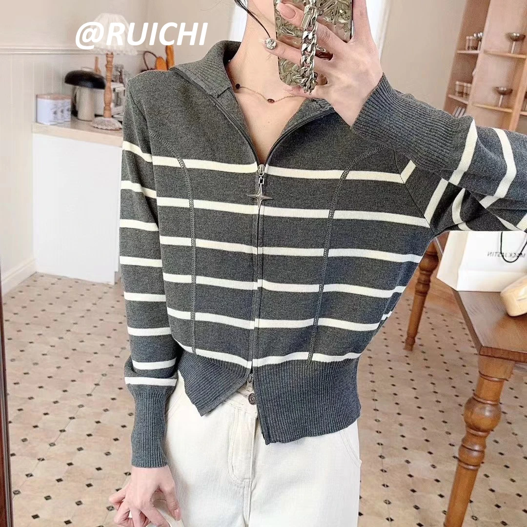 休闲风~星星拉链修身条纹针织衫开衫款春季百搭时尚显瘦