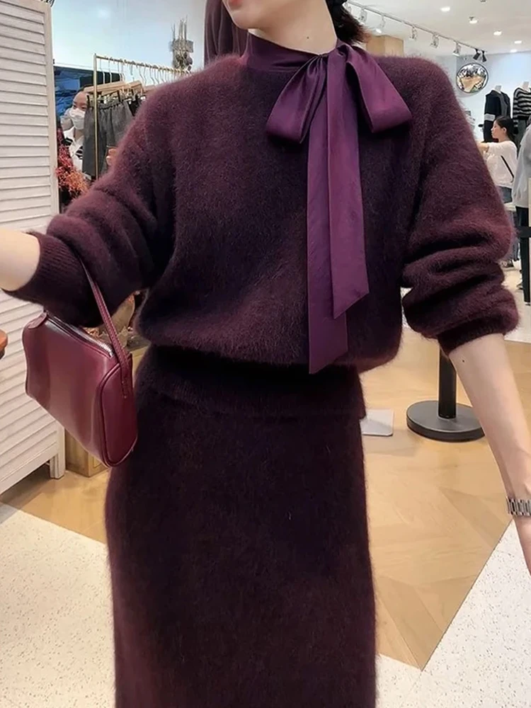 优雅高级感紫色蝴蝶结针织衫毛衣女秋冬季款宽松洋气短款长袖上衣