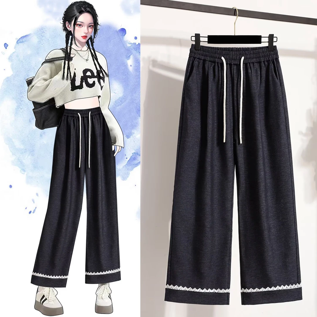 秋季大码新款撞色宽松休闲时尚百搭高腰直筒九分阔腿裤