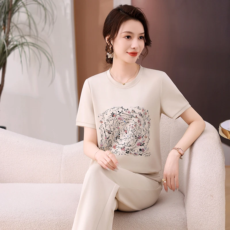 休闲运动套装女夏季时尚2025新款短袖T恤直筒裤透气妈妈两件套女