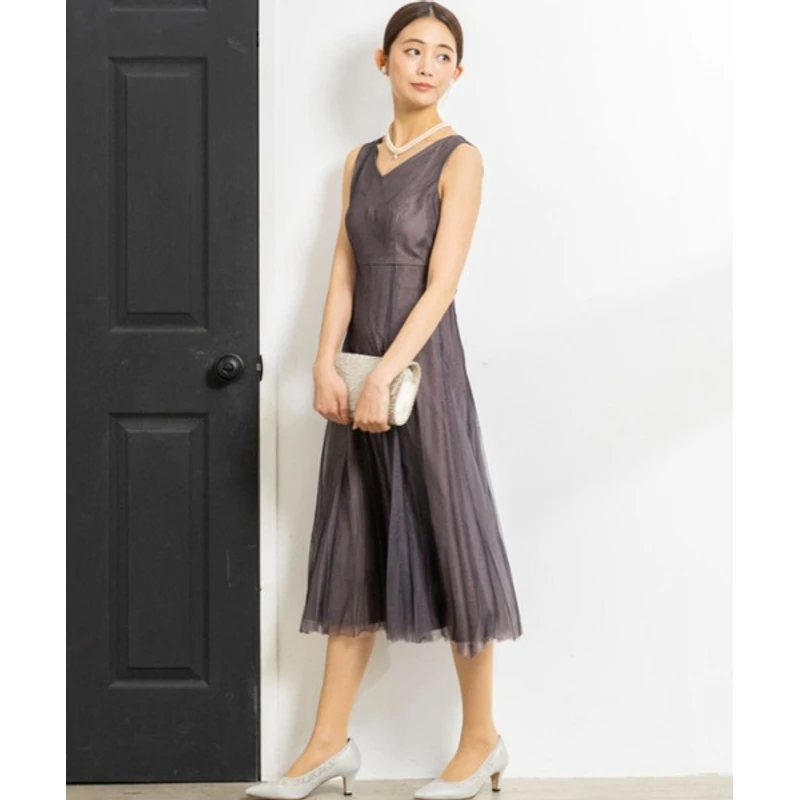 日单女 无袖V领法式优雅 高腰网纱裙 连衣裙 礼服裙13J