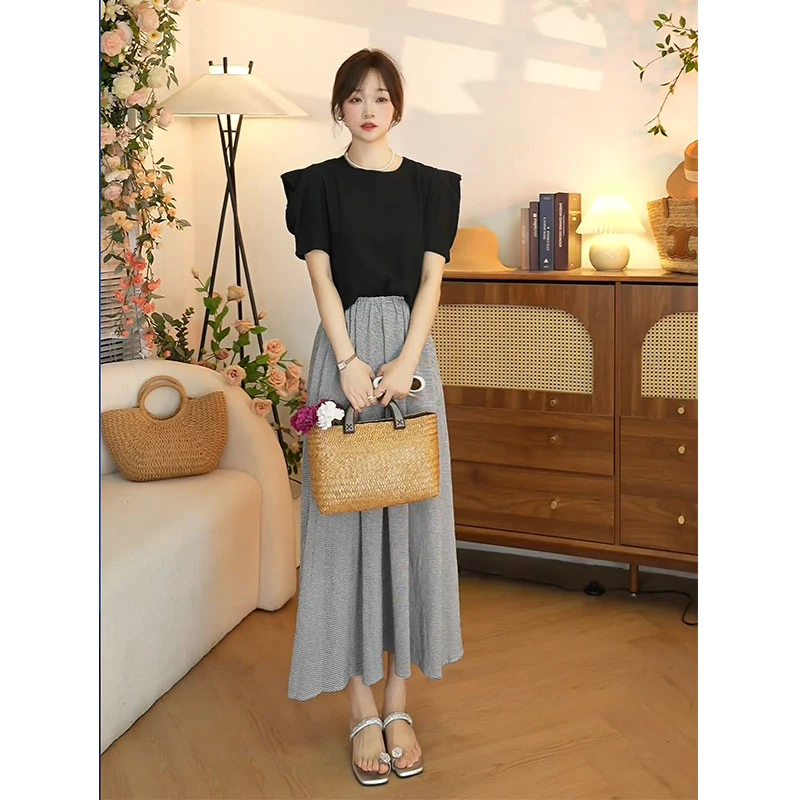 黑白格子半身裙女优雅气质格子松紧腰半身裙A字大摆裙子